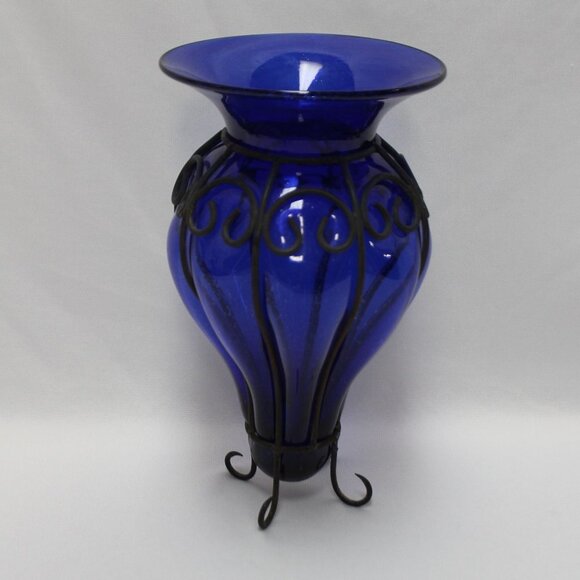Vintage Cobalt Blue Hand Blown Caged Glass Vase - Picture 2 of 12